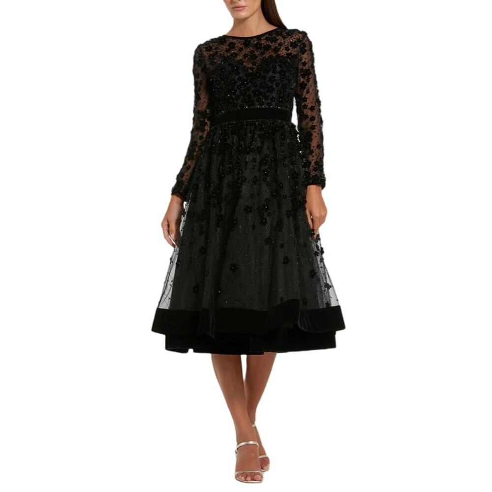 Mac Duggal Black Embellished Long Sleeve Midi Dress